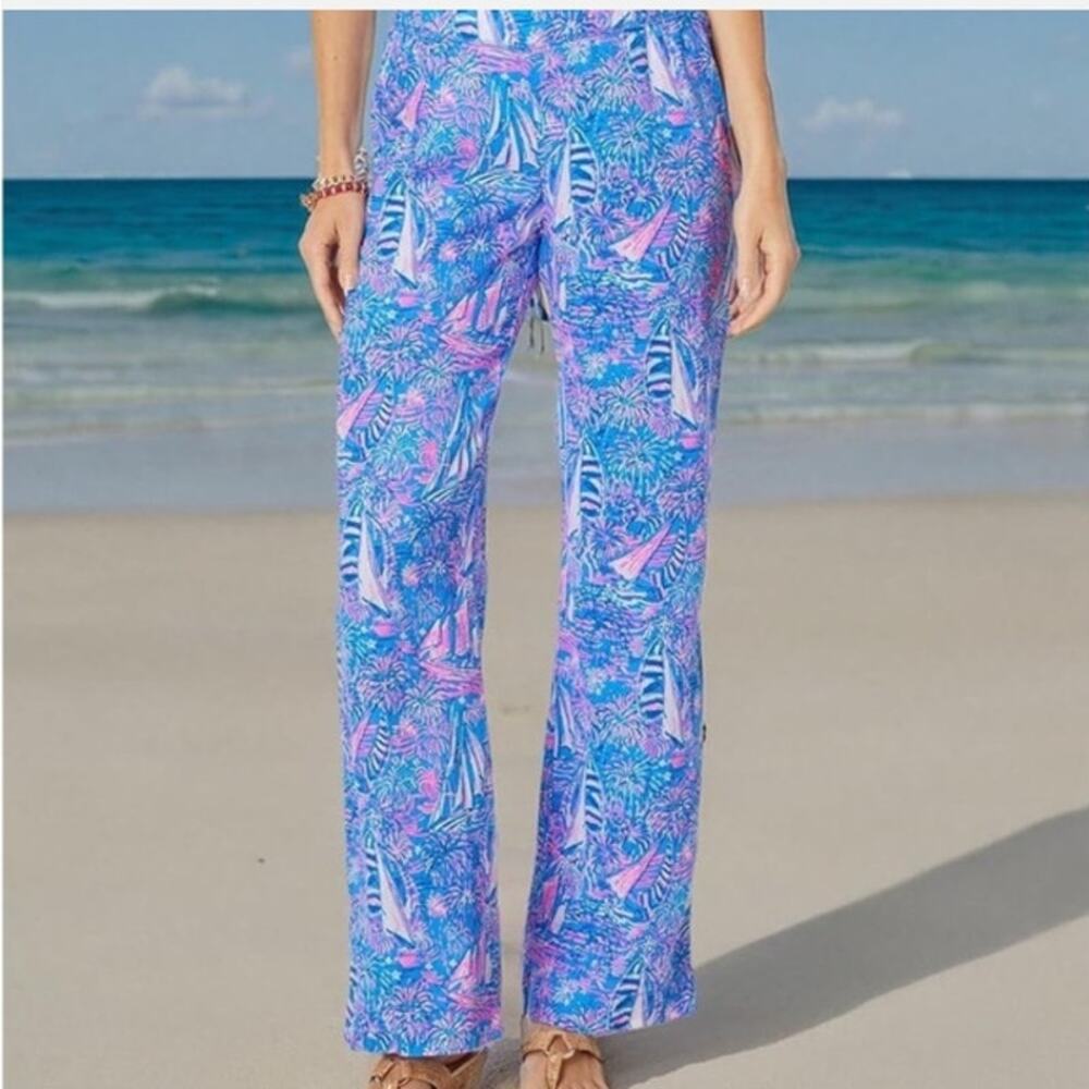 Lilly Pulitzer Deri Linen Palazzo Pants Boca Blue It's A Sailabaration Wide Leg